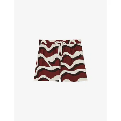 Reiss Womens White Brown Eva Wave-print Elasticated-waist Woven Shorts