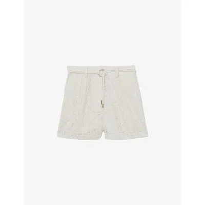 Reiss Womens White Lori Belted-waist Lace Shorts