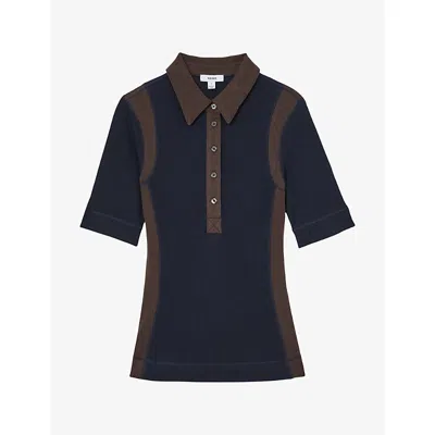 Reiss Womens Winnie Colour-block Stretch Wool-blend Top Navy Chocolate Brown Xs