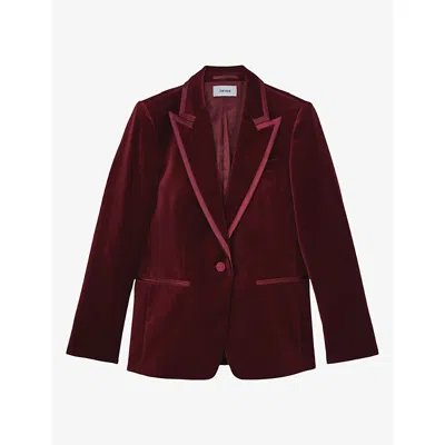 Reiss Womens Wren Satin-trim Single-breasted Velvet Blazer Dark Red
