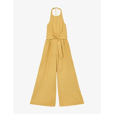 Reiss Womens Yellow Della Halterneck Linen Jumpsuit In Gold