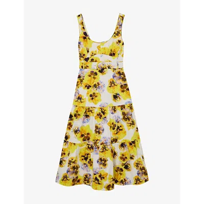 Reiss Womens Yellow Erin Floral-print Stretch-cotton Midi Dress