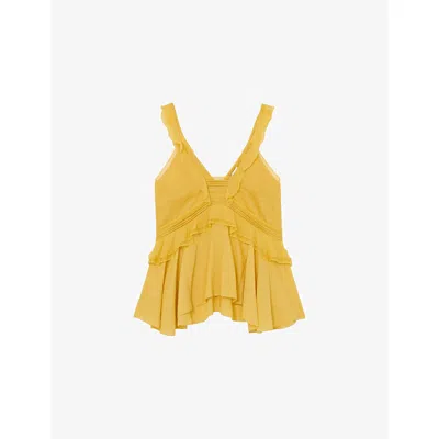 Reiss Womens Yellow Frances Ruffled Babydoll Stretch-woven Camisole Top