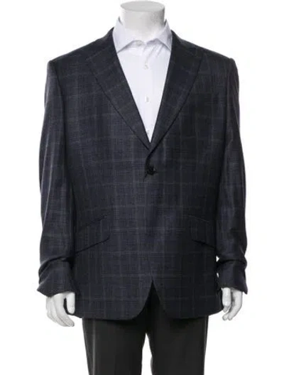 Pre-owned Reiss Wool Plaid Print Blazer W/ Tags In Blue