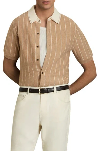 Reiss Worthy Stripe Short Sleeve Wool Button-up Shirt In Camel