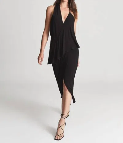 REISS XENA STRAPPY OPEN BACK MIDI ASYMMETRIC DRESS IN BLACK
