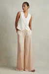 REISS YARA - CHAMPAGNE PETITE SATIN ELASTICATED WAIST WIDE LEG TROUSERS, US 8