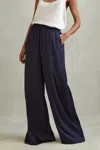 Reiss Yara - Navy Petite Satin Elasticated Waist Wide Leg Trousers, Us 2