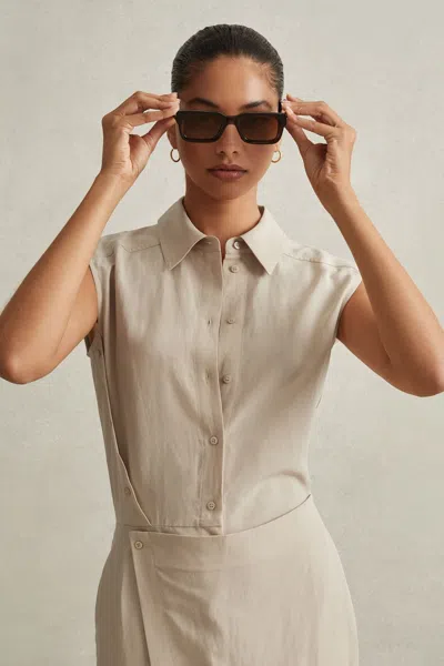 Reiss Neutral Lyocell Linen Wrap Front Midi Dress