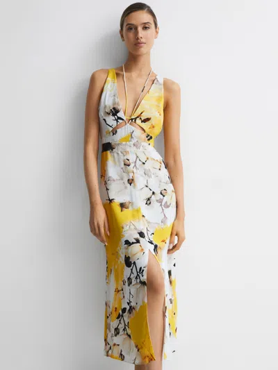 Reiss Yellow Fitted Floral Print Midi Dress