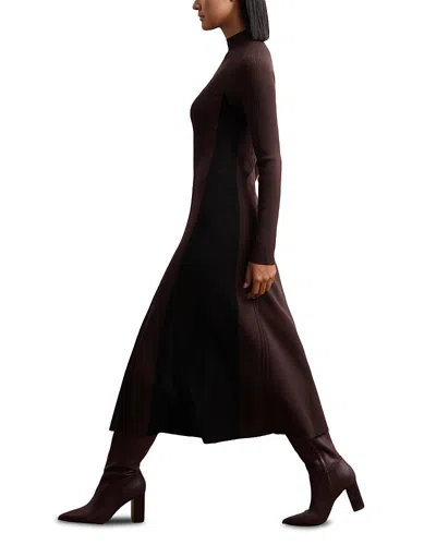 Reiss Zaya Knitted Contrast Panel Midi Dress In Brown