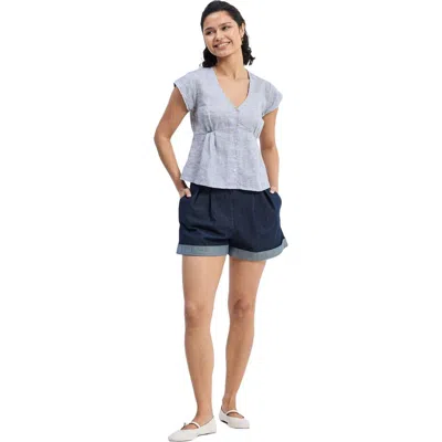 Reistor Deep V-neck Short Top In Linen Stripes In Blue