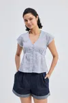 Reistor Deep V-neck Short Top In Linen Stripes