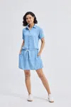 Reistor Drawstring Denim Shirt Dress With Front Buttons In Blue