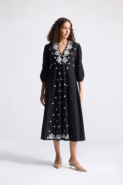 Reistor Drawstring Embroidered Dress In Black