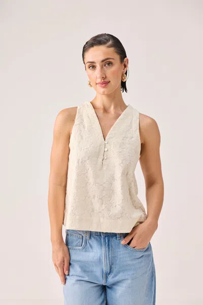 Reistor Embroidered Button Front Neck Top In Cream In Neutral