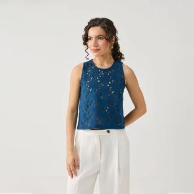 Reistor Embroidered Button-back Top In Blue