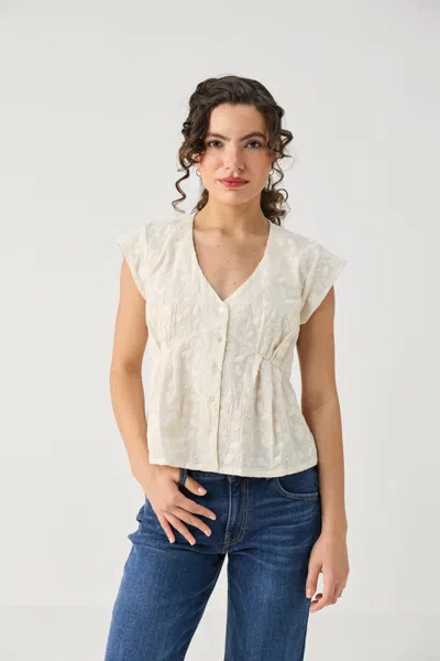 Reistor Embroidered Deep V Neck Top In Cream In White