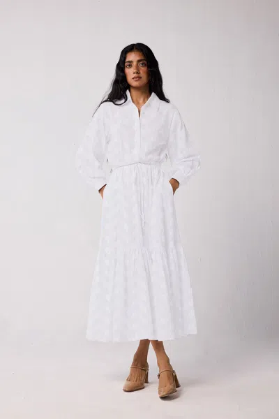 Reistor Embroidered Flowy Maxi Tiered Dress In White