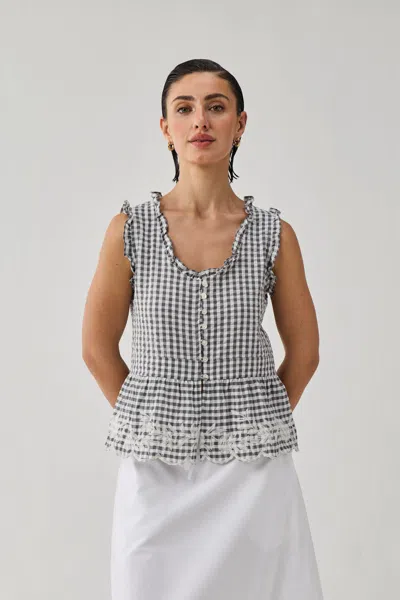Reistor Embroidered Peplum Top In Grey Check In Multi