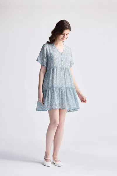REISTOR FLORAL SHORT TIERED DRESS IN LIGHT BLUE
