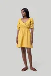 Reistor Gathered Elbow Sleeve Short Dress In Mustard In Multi