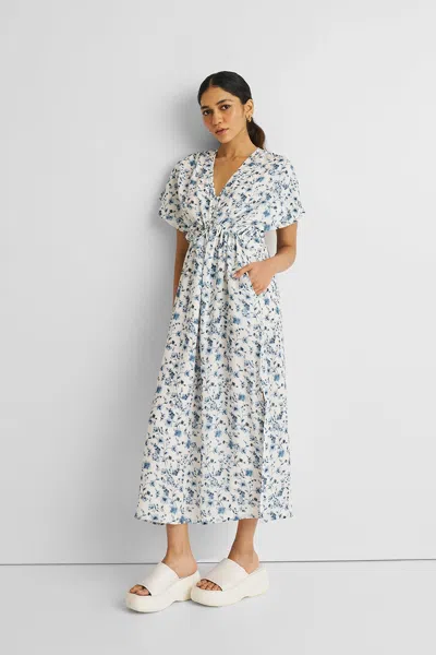 REISTOR GATHERED MAXI DRESS IN BLUE FLORALS