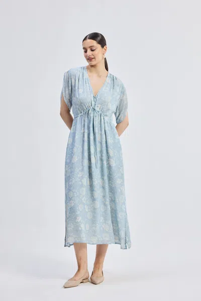 Reistor Gathered Maxi Dress With Drawstring In Blue Florals