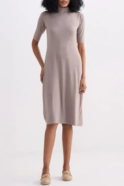 Reistor High Crew Neck Elbow Sleeves Fitted Dress In Dusty Brown