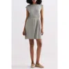 Reistor High Crew Neck Short Dress With Smocking Side Detail In Gray