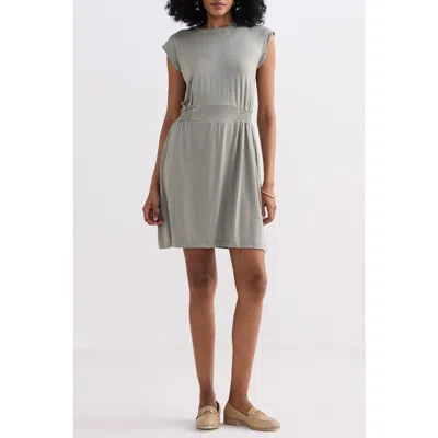 Reistor High Crew Neck Short Dress With Smocking Side Detail In Gray