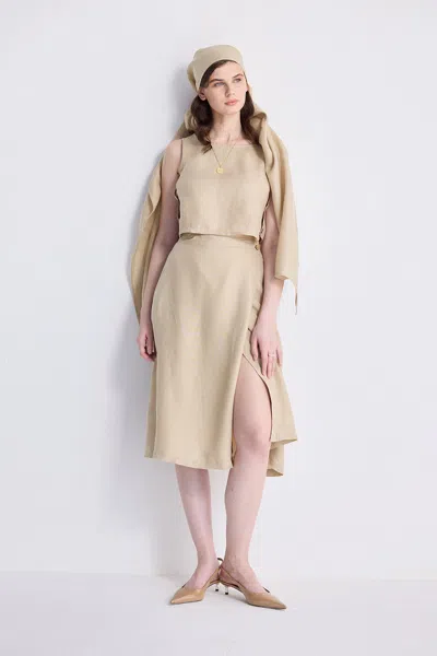 REISTOR OVERLAP MIDI SKIRT IN NEUTRAL BEIGE