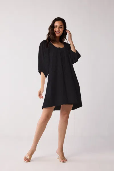 Reistor Puff Sleeved Dress With Drawstring Neckline In Black