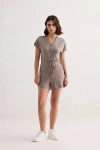 Reistor Regular Fit V-neck Drawstring Knit Romper In Brown