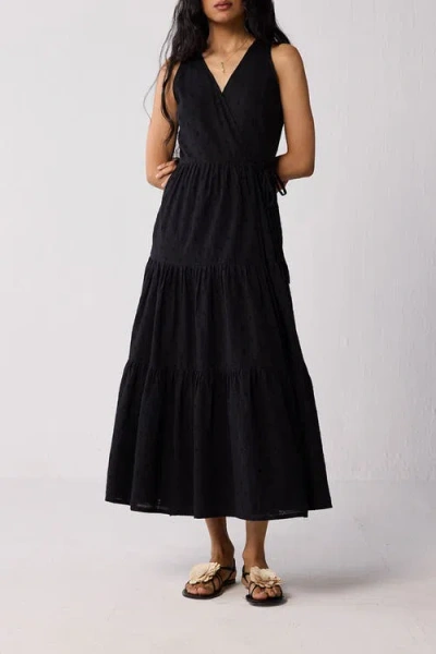 Reistor Sleeveless Embroidered Wrap Dress With Tiers In Black