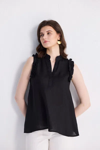 REISTOR SLEEVELESS HEMP TOP WITH RUFFLES IN BLACK