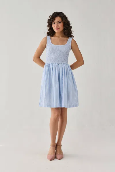 Reistor Smocked Short Dress In Blue Stripes
