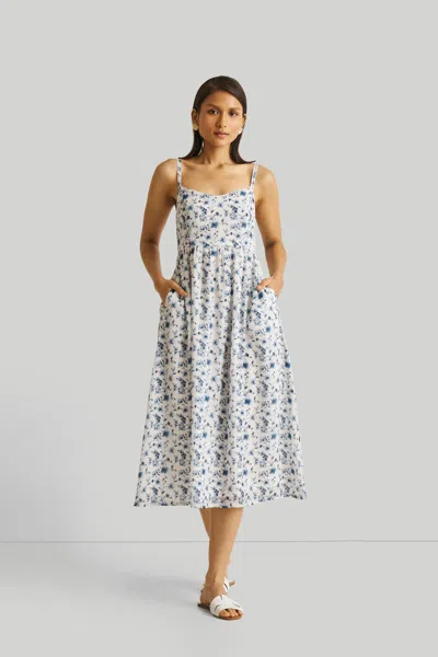 REISTOR STRAPPY GATHERED BLUE FLORAL MIDI DRESS