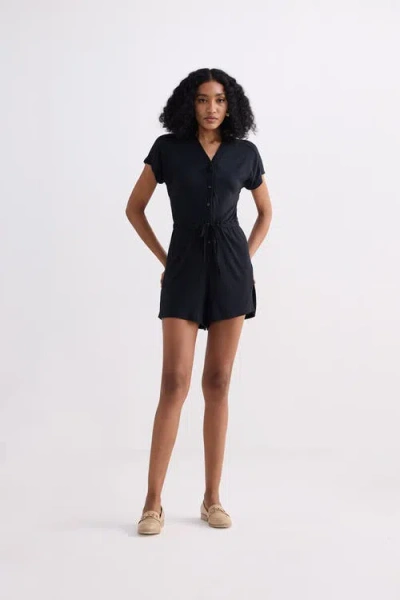 Reistor V-neck Drawstring Knit Romper In Black