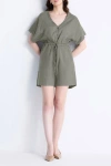 Reistor V Neck Drawstring Romper In Dark Green