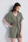 Reistor V Neck Drawstring Romper In Green