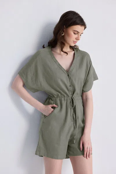 REISTOR V NECK DRAWSTRING ROMPER IN DARK GREEN