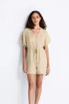 Reistor V Neck Drawstring Romper In Neutral