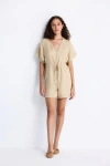 Reistor V Neck Drawstring Romper In Neutral Beige