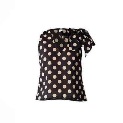 Reistor Women's Black Regular V-neck Polka Dot Top With Bow Detail