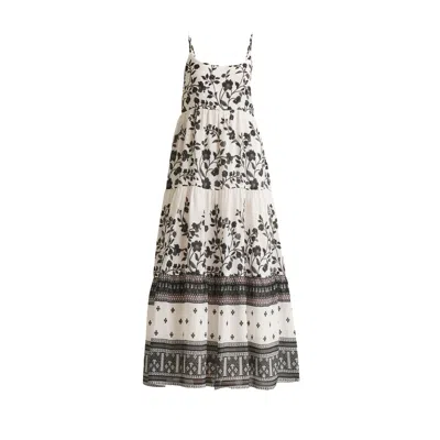 REISTOR WOMEN'S BLACK STRAPPY TIERED MAXI CREPE DRESS IN FLORALS