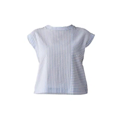 Reistor Women's Button-back Crew Neck Top In Blue Stripes In Black