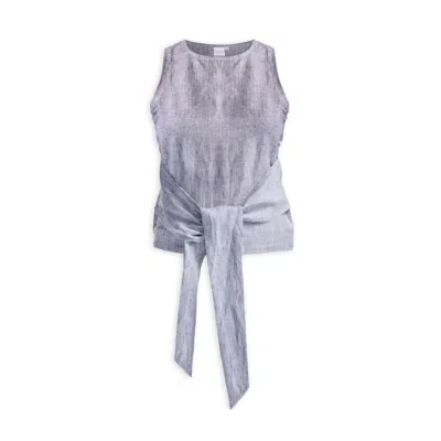 Reistor Women's Grey Front-tie Top In Linen Stripes