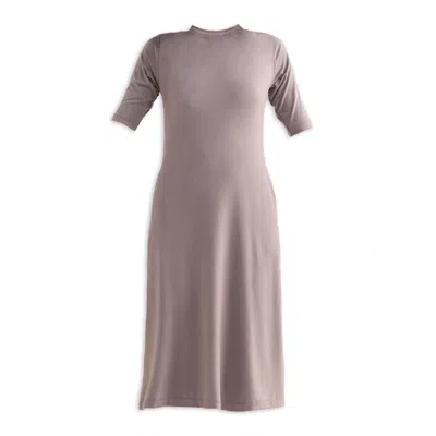 Reistor Women's High Crew Neck Elbow Sleeves Fitted Dress In Dusty Brown