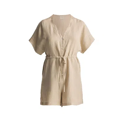 REISTOR WOMEN'S NEUTRALS V NECK DRAWSTRING ROMPER IN NEUTRAL BEIGE